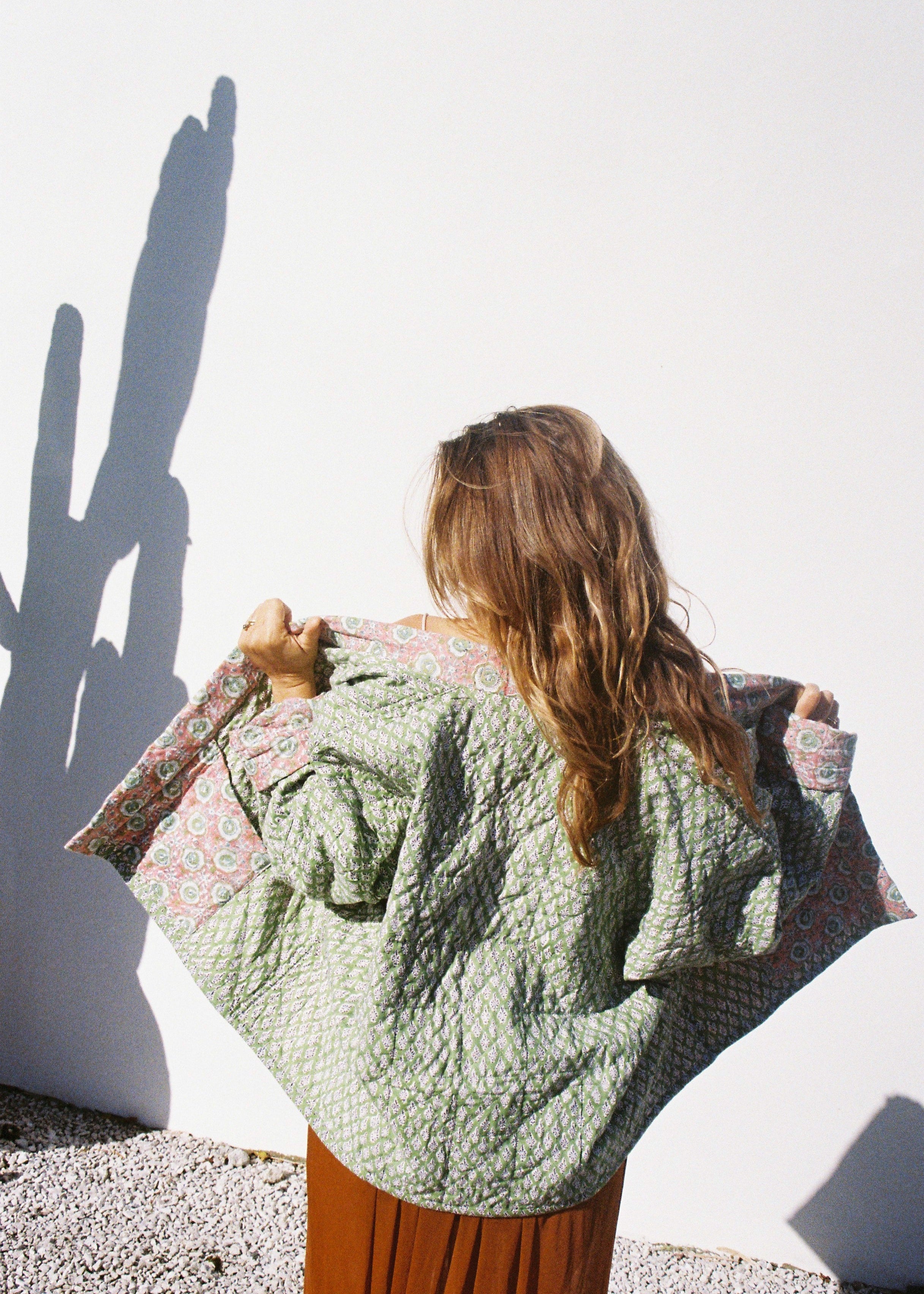 Wild & Indigo Quilted Jacket in Lemongrass & Pink