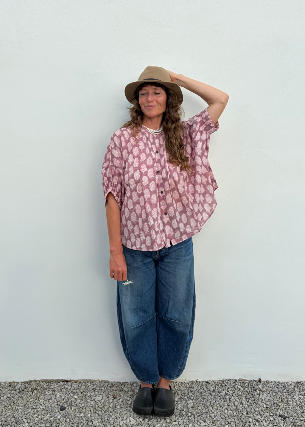 Wild & Indigo Mandarin Shirt in Deep Rose