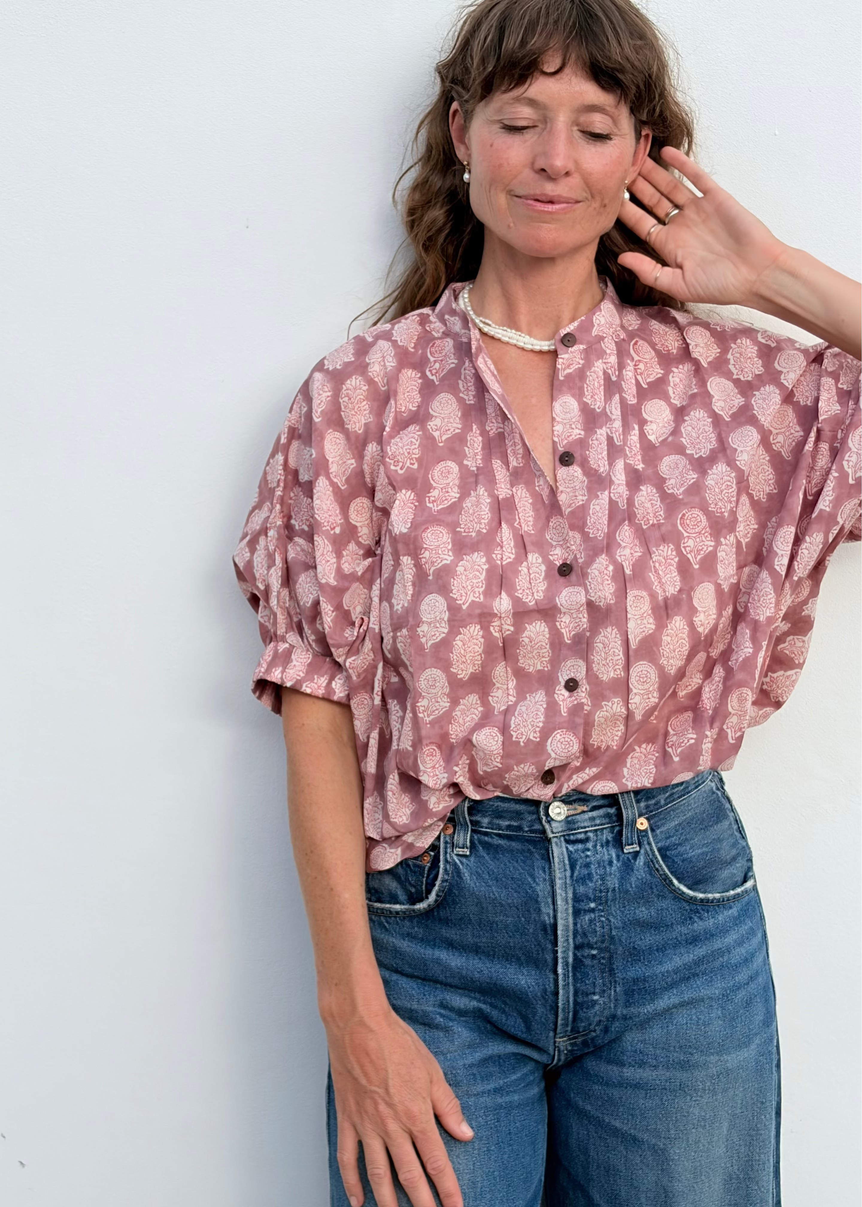 Wild & Indigo Mandarin Shirt in Deep Rose